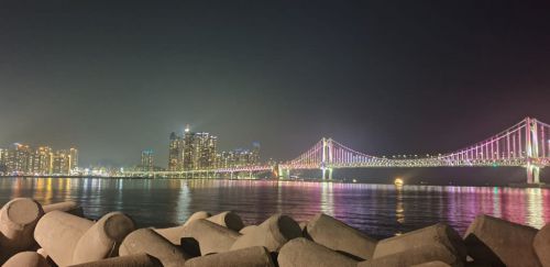 釜山花火大会の舞台　広安大橋は今　水営江の彫刻公園